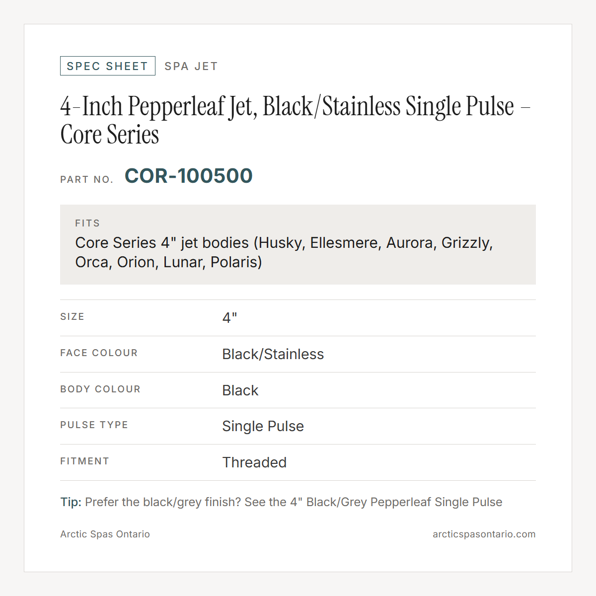 Spec sheet for 4-Inch Pepperleaf Jet, Black/Stainless Single Pulse – Core Series: fitment and key specs