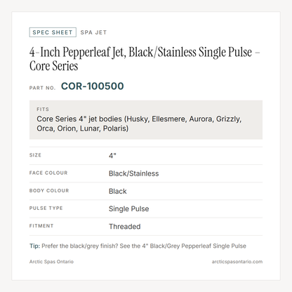Spec sheet for 4-Inch Pepperleaf Jet, Black/Stainless Single Pulse – Core Series: fitment and key specs