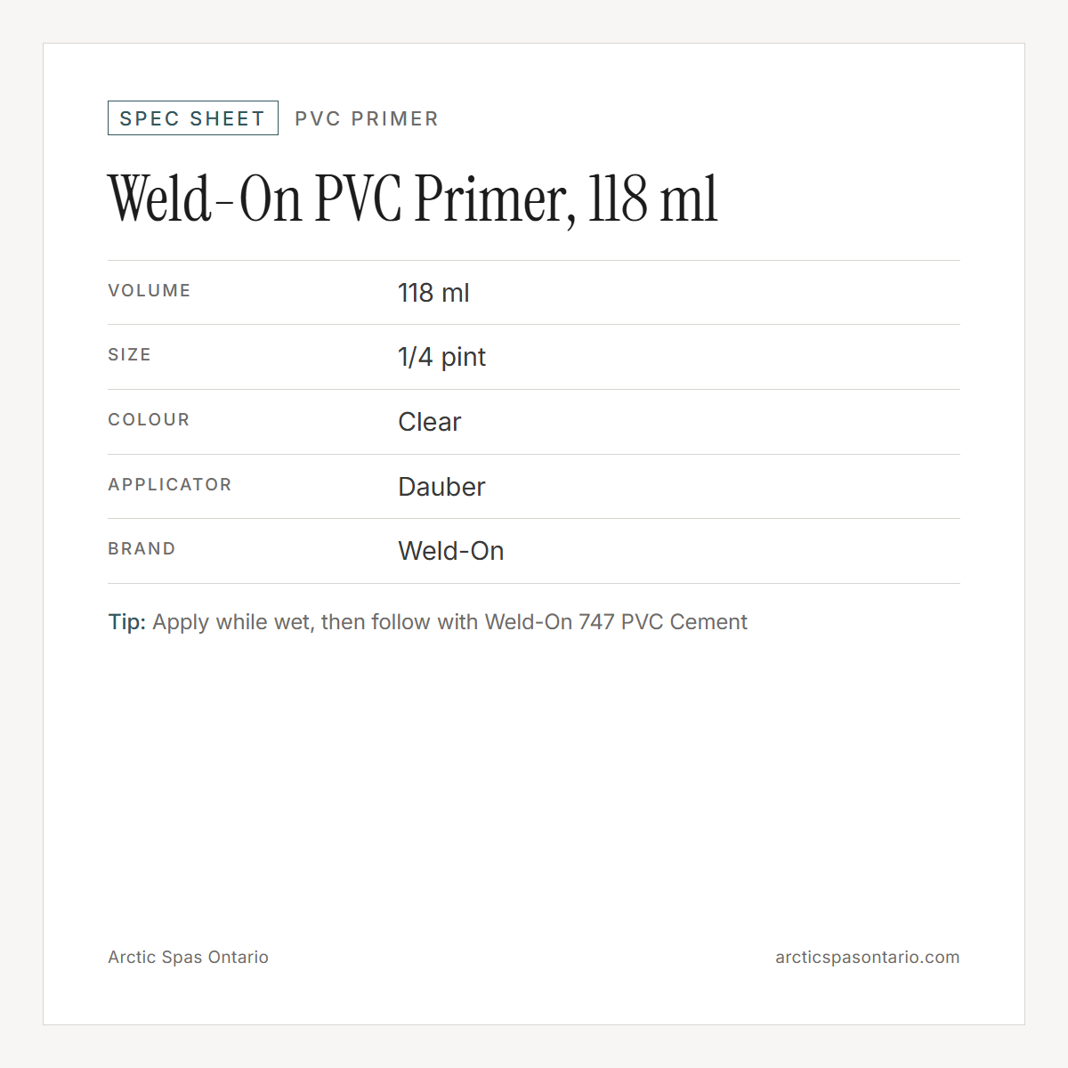 Spec sheet for Weld-On PVC Primer, 118 ml: fitment and key specs