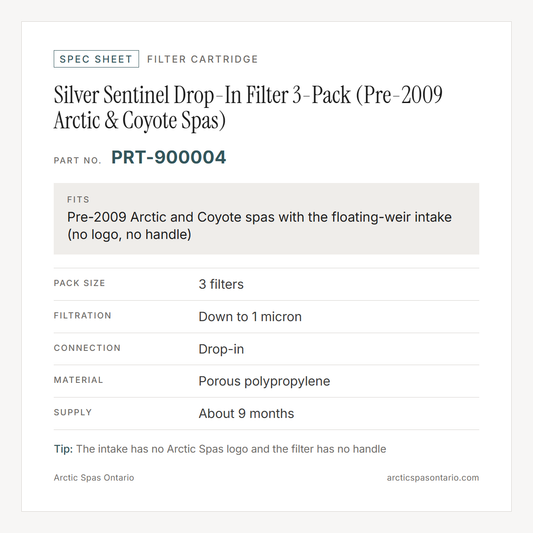 Spec sheet for Silver Sentinel Drop-In Filter 3-Pack (Pre-2009 Arctic & Coyote Spas): fitment and key specs
