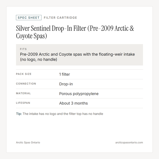 Spec sheet for Silver Sentinel Drop-In Filter (Pre-2009 Arctic & Coyote Spas): fitment and key specs