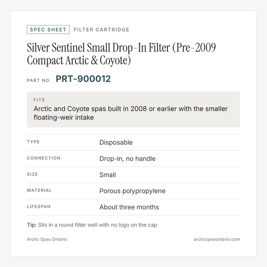 Spec sheet for Silver Sentinel Small Drop-In Filter (Pre-2009 Compact Arctic & Coyote): fitment and key specs