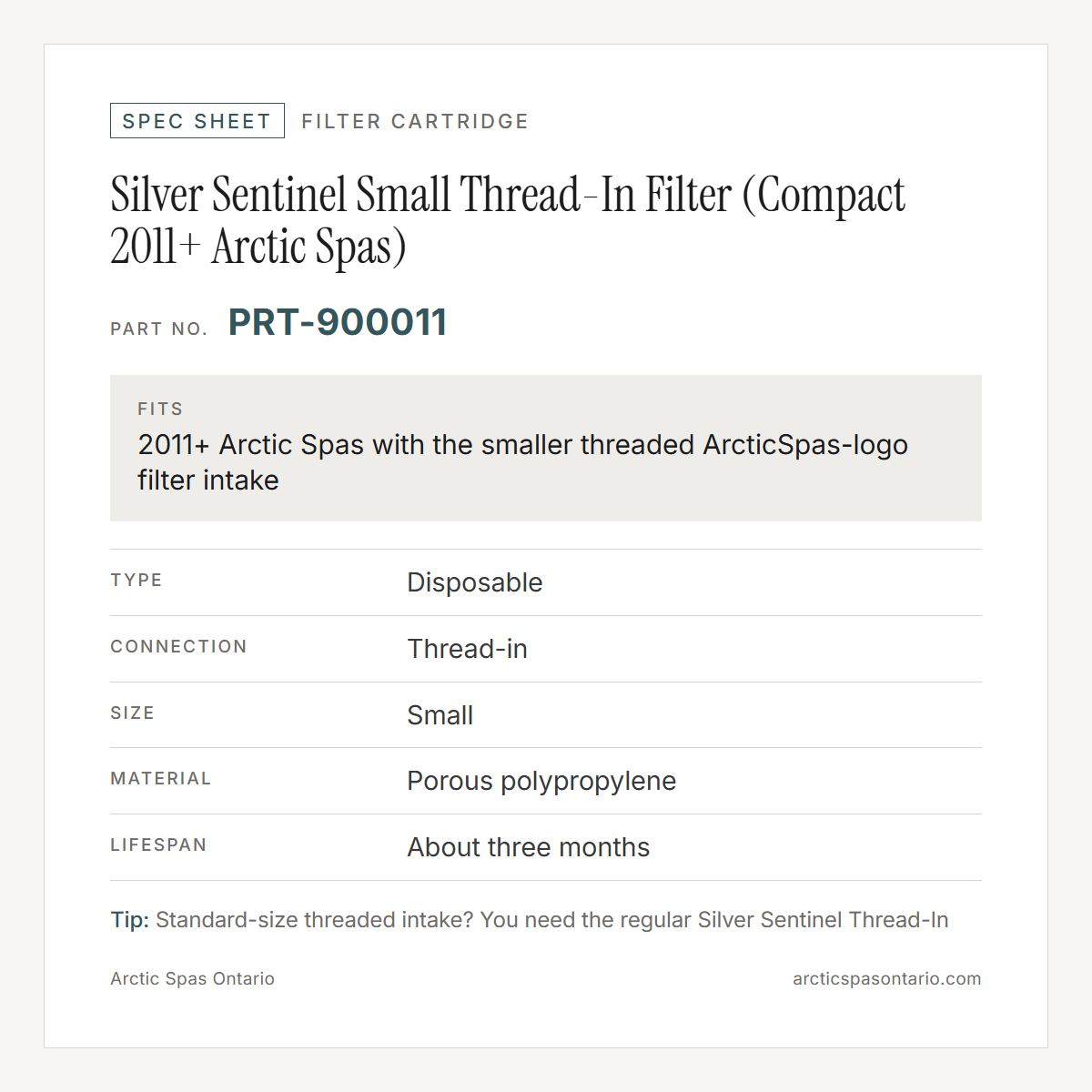 Spec sheet for Silver Sentinel Small Thread-In Filter (Compact 2011+ Arctic Spas): fitment and key specs