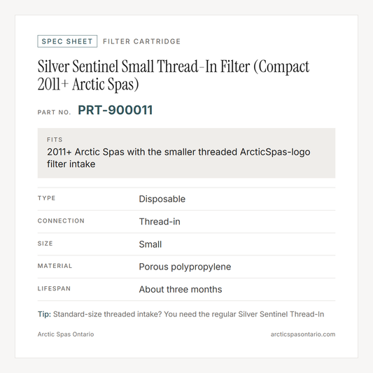 Spec sheet for Silver Sentinel Small Thread-In Filter (Compact 2011+ Arctic Spas): fitment and key specs