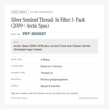 Spec sheet for Silver Sentinel Thread-In Filter 3-Pack (2009+ Arctic Spas): fitment and key specs