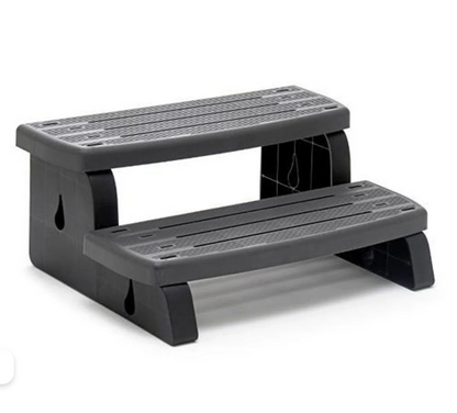 Two-tier graphite grey plastic spa step with black side panels