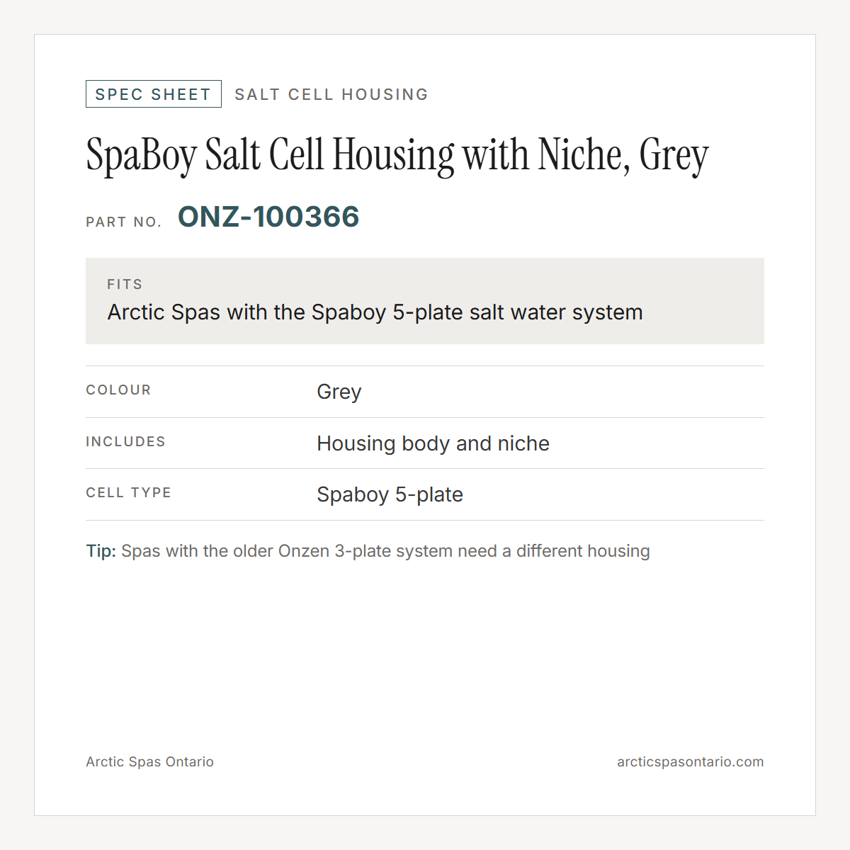 Spec sheet for SpaBoy Salt Cell Housing with Niche, Grey: fitment and key specs