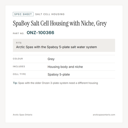 Spec sheet for SpaBoy Salt Cell Housing with Niche, Grey: fitment and key specs