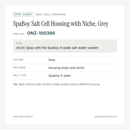 Spec sheet for SpaBoy Salt Cell Housing with Niche, Grey: fitment and key specs
