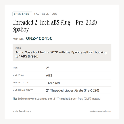 Spec sheet for Threaded 2-Inch ABS Plug – Pre-2020 SpaBoy: fitment and key specs
