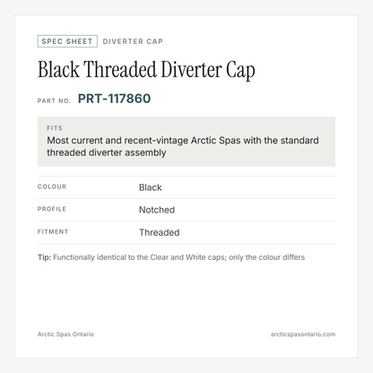 Spec sheet for Black Threaded Diverter Cap: fitment and key specs