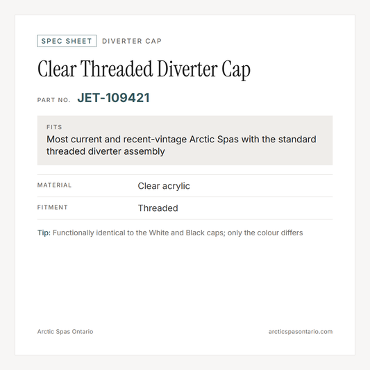 Spec sheet for Clear Threaded Diverter Cap: fitment and key specs