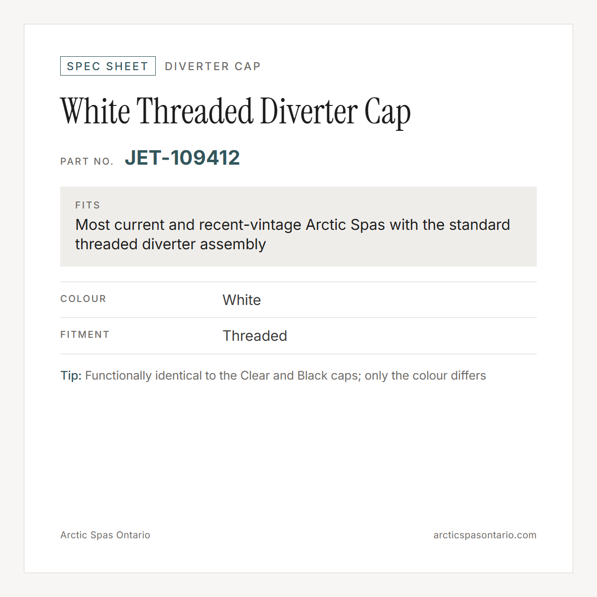 Spec sheet for White Threaded Diverter Cap: fitment and key specs