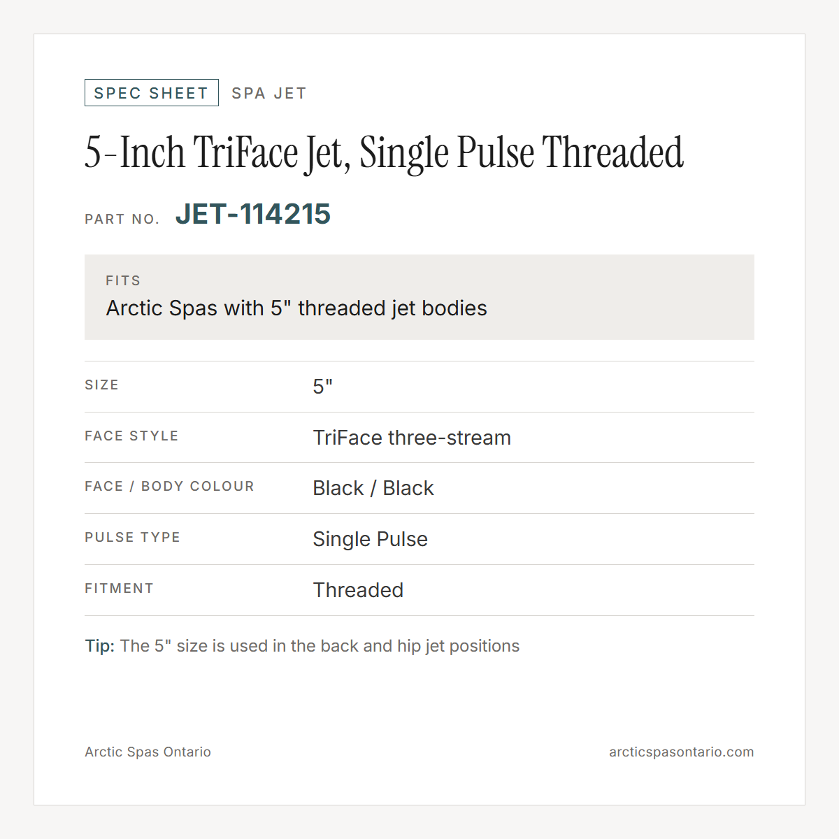 Spec sheet for 5-Inch TriFace Jet, Single Pulse Threaded: fitment and key specs