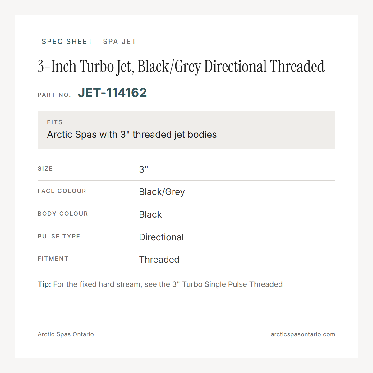 Spec sheet for 3-Inch Turbo Jet, Black/Grey Directional Threaded: fitment and key specs