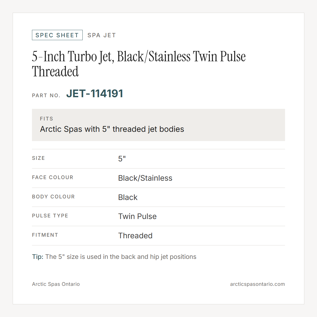 Spec sheet for 5-Inch Turbo Jet, Black/Stainless Twin Pulse Threaded: fitment and key specs
