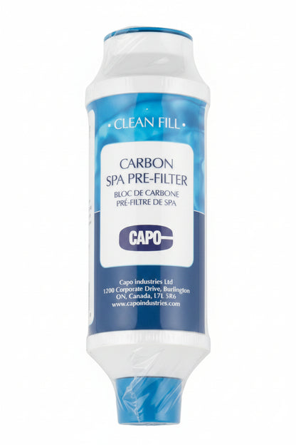 A white and blue carbon pre-filter spa fill hose filter product from CAPO, designed to clean fill water by removing metals and other contaminants.