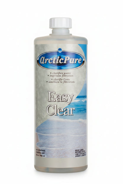 Translucent 946 ml bottle of Arctic Pure Easy Clear water clarifier with beach scene label