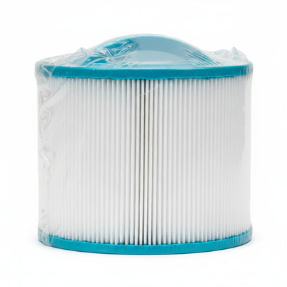 Small shrink-wrapped pleated spa filter cartridge with teal end caps