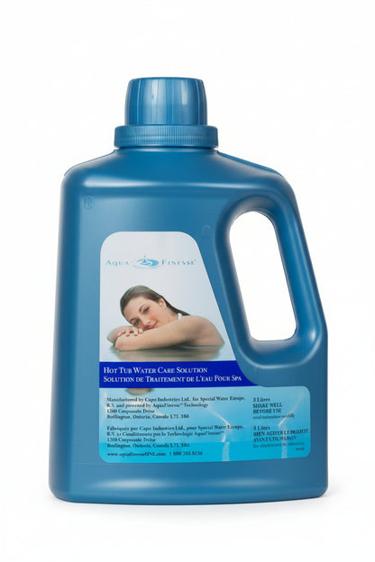 Blue 3 L jug of AquaFinesse Hot Tub Water Care Solution on white background