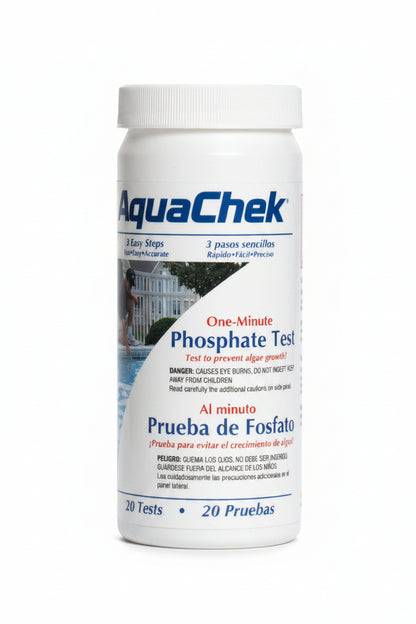 White bottle of AquaChek One-Minute Phosphate Test strips with bilingual 20-test label