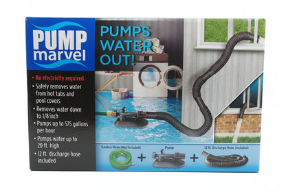 Pump Marvel box showing garden hose powered pump draining hot tubs and pool covers