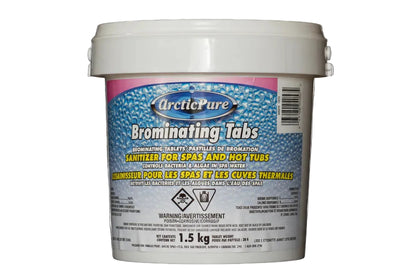 White pail of Arctic Pure Brominating Tabs with blue water-drop label showing 1.5 kg, white background