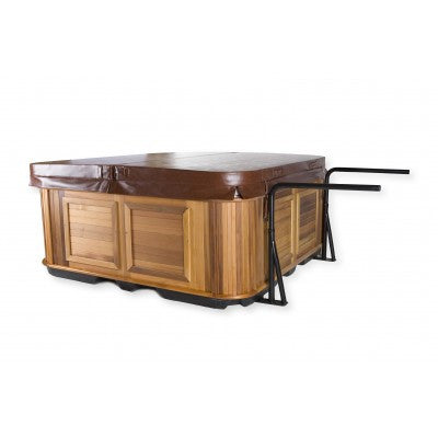 Cover shelf with twin support arms beside covered cedar spa, studio packshot