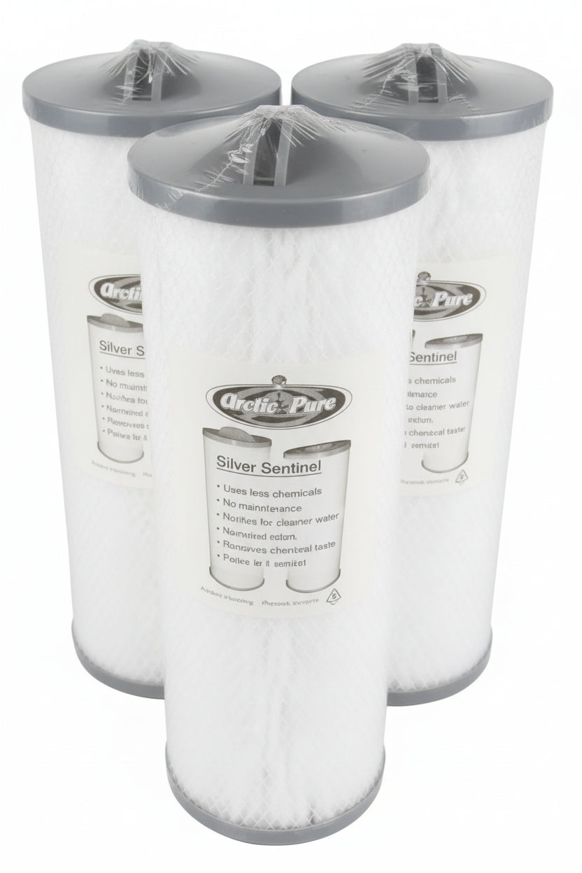 Three wrapped Arctic Pure Silver Sentinel thread-in filters with grey caps