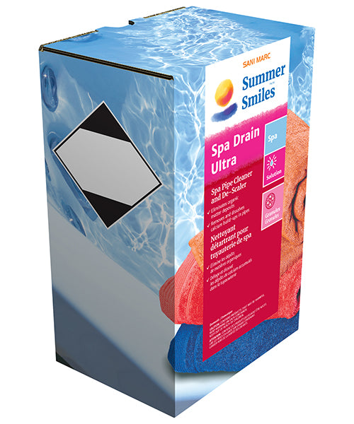 Summer Smiles Spa Drain Ultra box by Sani Marc, spa pipe cleaner and de-scaler, bilingual label