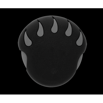 Black bear paw spa diverter knob with five grey claw inserts, top view on black background