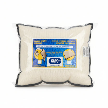 Ivory knit booster cushion with black trim sealed in Capo Weighted Seat Booster packaging