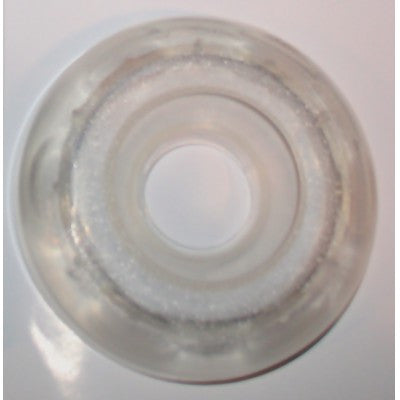 Clear translucent threaded spa diverter cap, top view with white foam ring visible inside