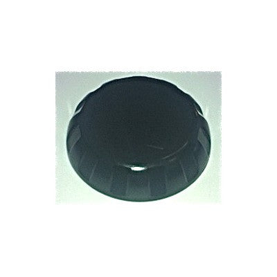 Round glossy black spa diverter knob with notched fluted edge, angled top view