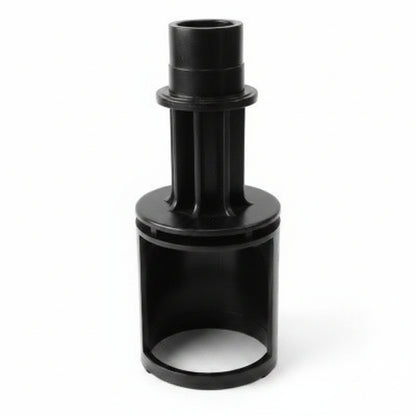 Black spa diverter internal with hollow round stem, finned column and side-ported barrel, upright view