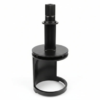 Black plastic spa diverter internal cartridge with square stem, round plate and open cylinder cage, upright