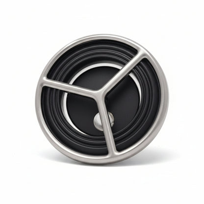 Ripple 5 inch single pulse spa jet, black face with brushed stainless tri-spoke trim ring, angled view