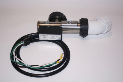 Stainless 5.5kW spa heater showing 90-degree elbow plus white 45-degree elbow and coiled power cord