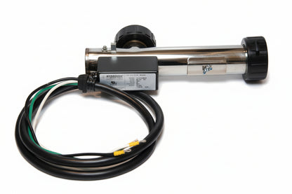 Stainless 5.5kW 90-degree spa heater, black split nuts and coiled power cord with ring terminals