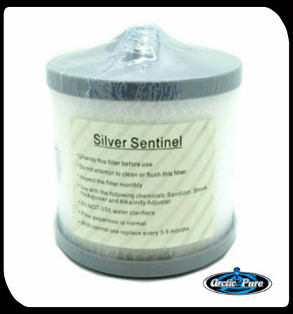 Shrink-wrapped small Silver Sentinel thread-in filter with grey cap and instruction label