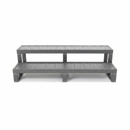 Long two-tier spa steps in grey woodgrain composite, front view
